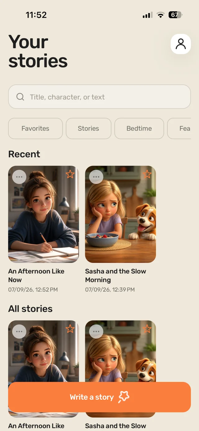 Library of stories created in the app