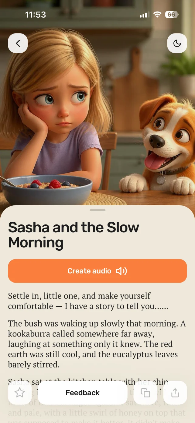 Story reader screen for Sasha and the Slow Morning with an audio button